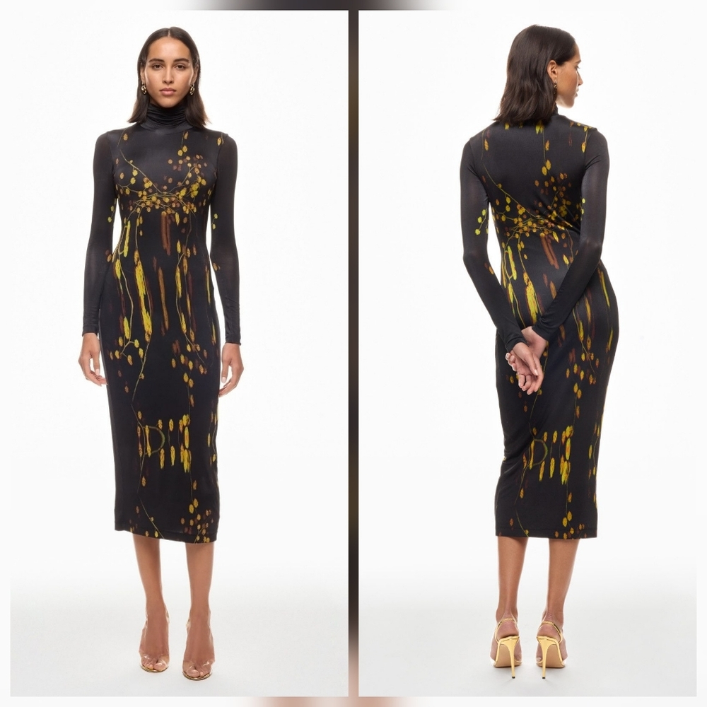 Prabal Gurung Black Turtleneck Midi Dress with Yellow Graphic Print